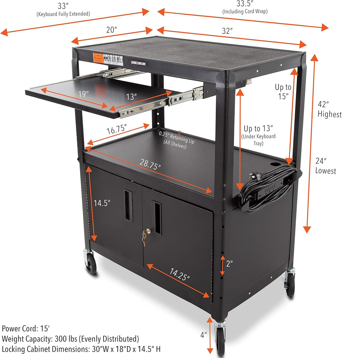 Black Extra Wide AV Cart with Locking Cabinet E277692