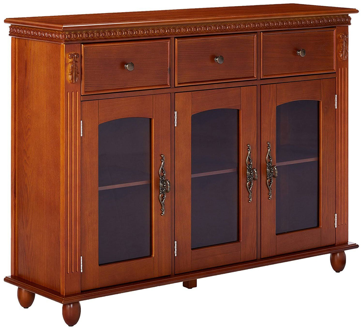Walnut Wood Sideboard Buffet Console Table with Storage Drawers and Glass Cabinet Doors J1777