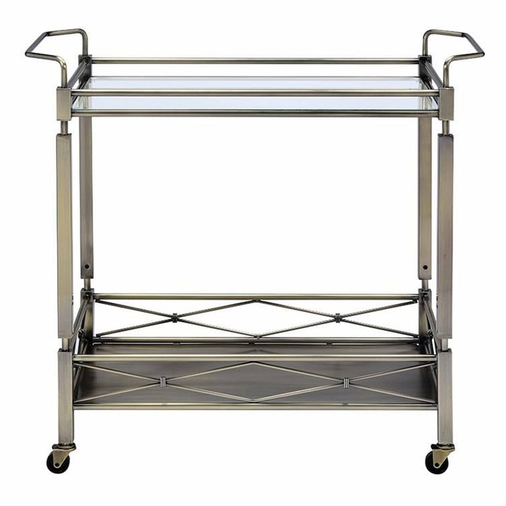 Antique Gold Two Tiered Metal Serving Cart with Glass Shelves X8251