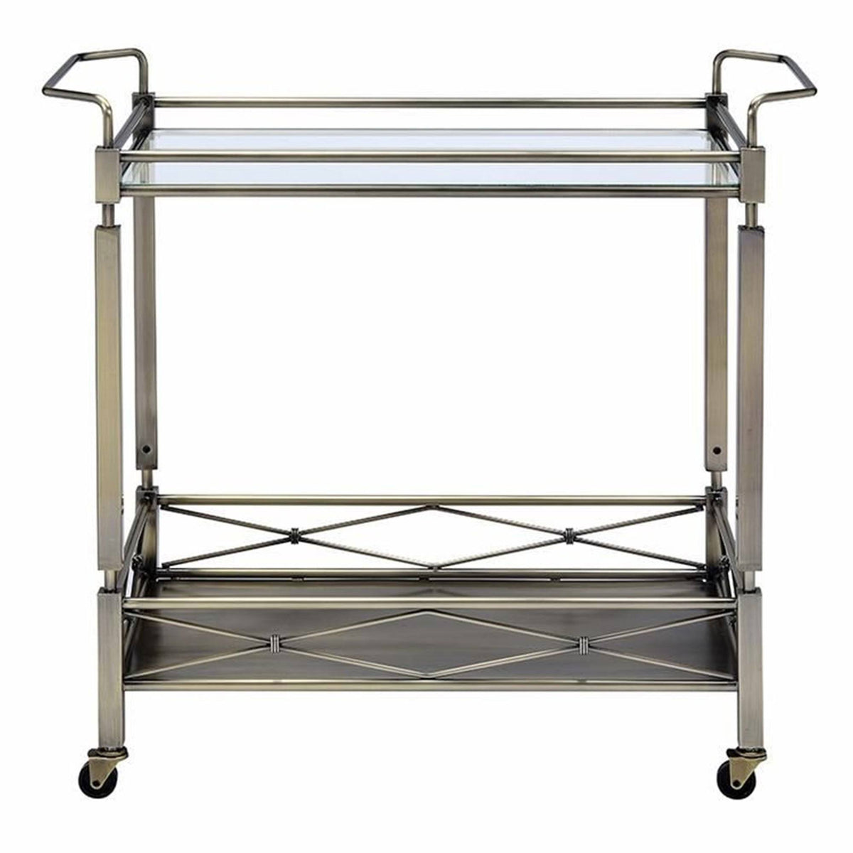 Antique Gold Two Tiered Metal Serving Cart with Glass Shelves X8251