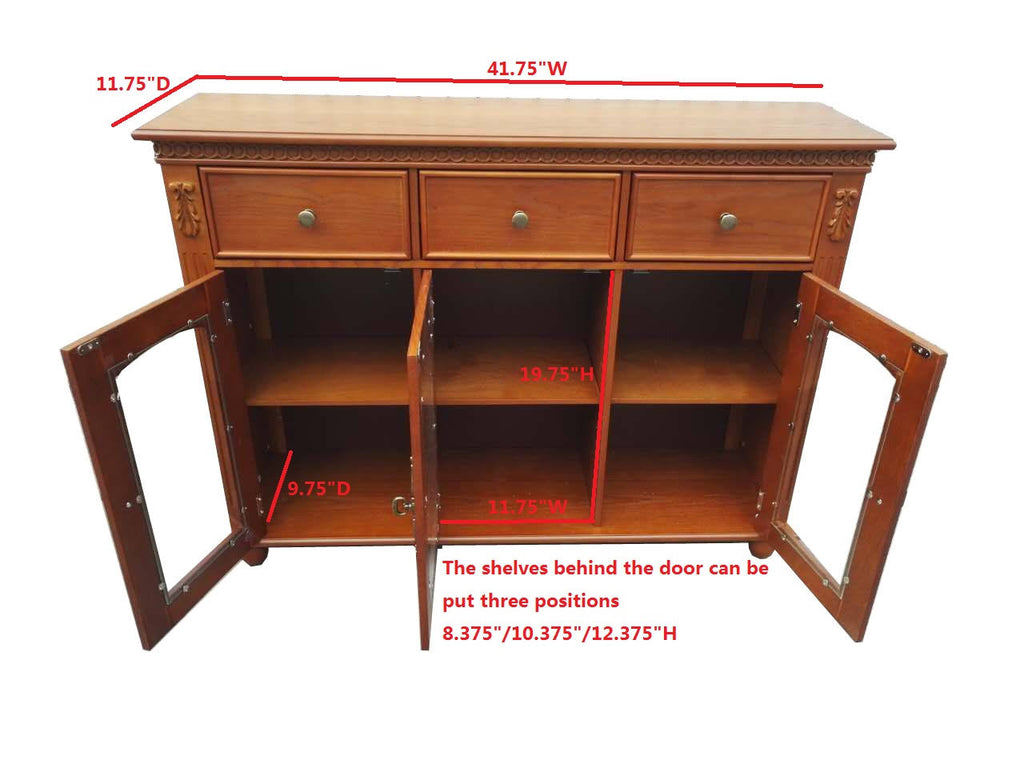 Walnut Wood Sideboard Buffet Console Table with Storage Drawers and Glass Cabinet Doors J1777