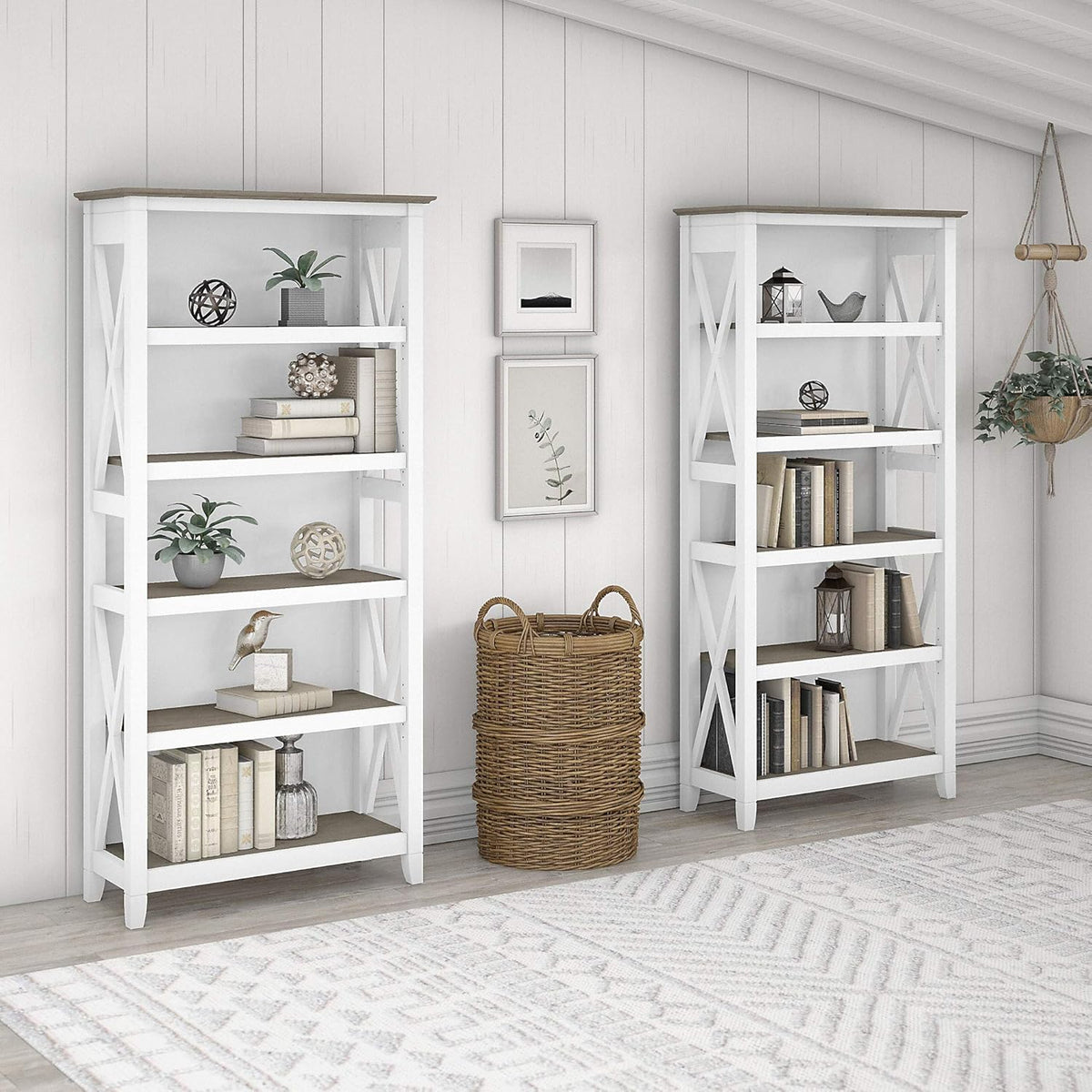 Pure White and Shiplap Gray 5 Shelf Bookcase Set Y9292