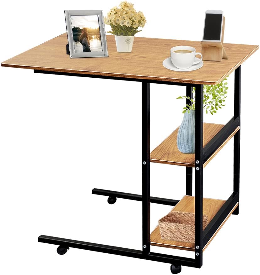 Movable Wooden Night Stand Desk with 4 Wheels Cart Tray O860