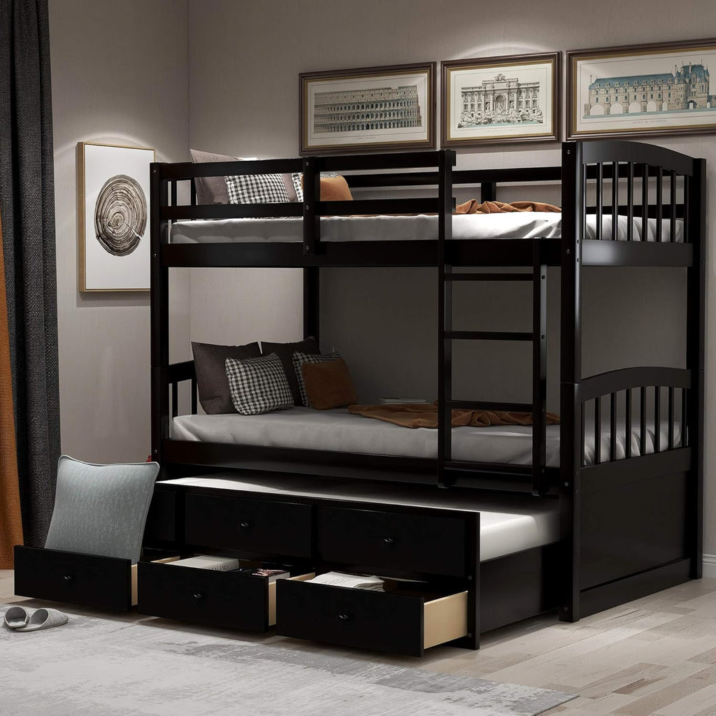 White Twin Over Twin Wood Bunk Bed with Two Storage Drawers and Ladder U5413