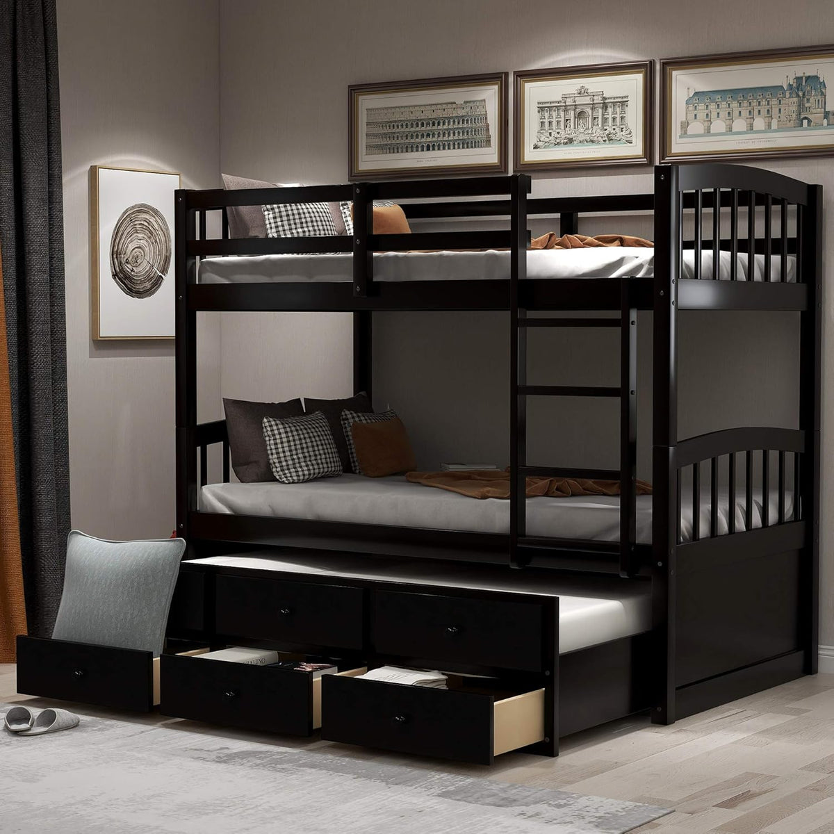 White Twin Over Twin Wood Bunk Bed with Two Storage Drawers and Ladder U5413