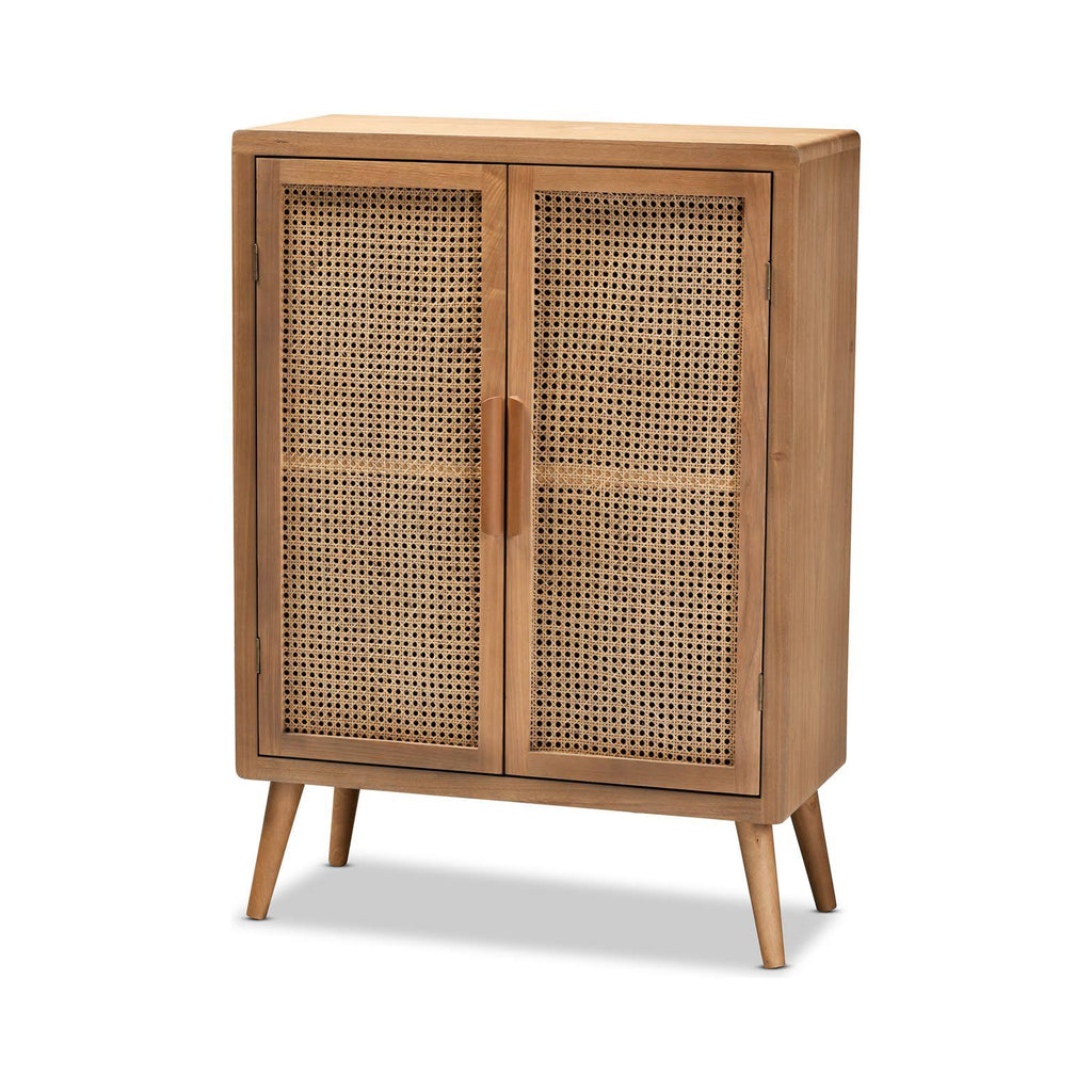 Oak Wood and Rattan 2-Door Accent Storage Cabinet Z27104