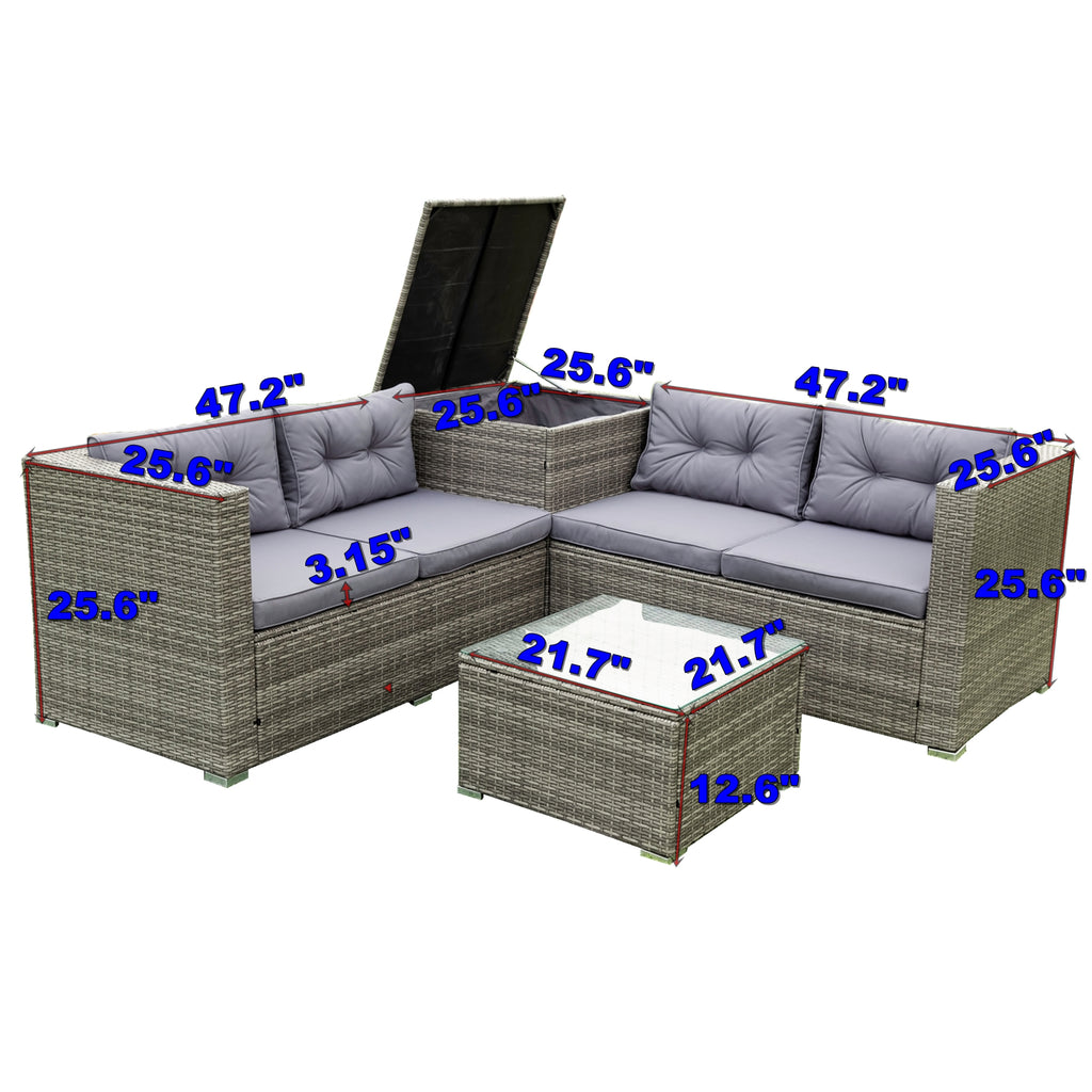 4 Pcs Patio Rattan Wicker Sectional Sofa Set with Glass Coffee Table and Storage Box A32211