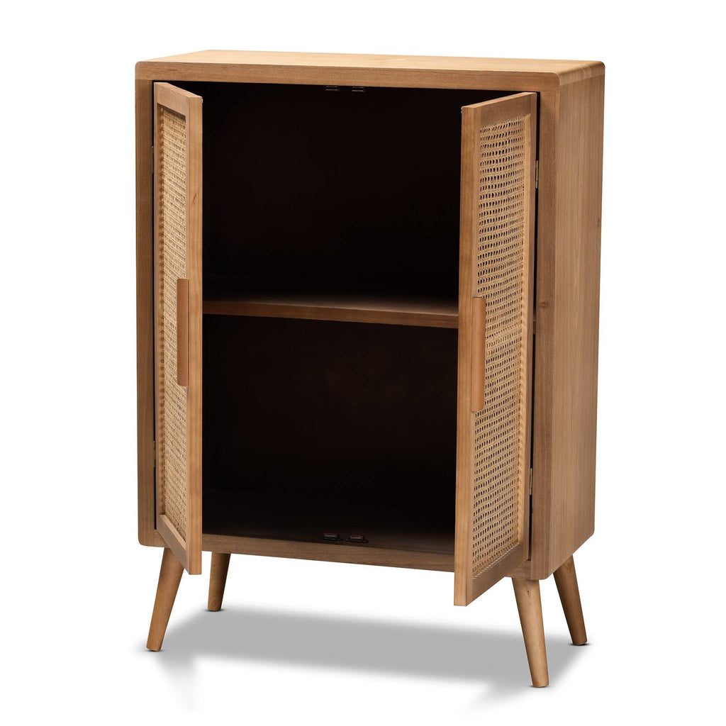 Oak Wood and Rattan 2-Door Accent Storage Cabinet Z27104