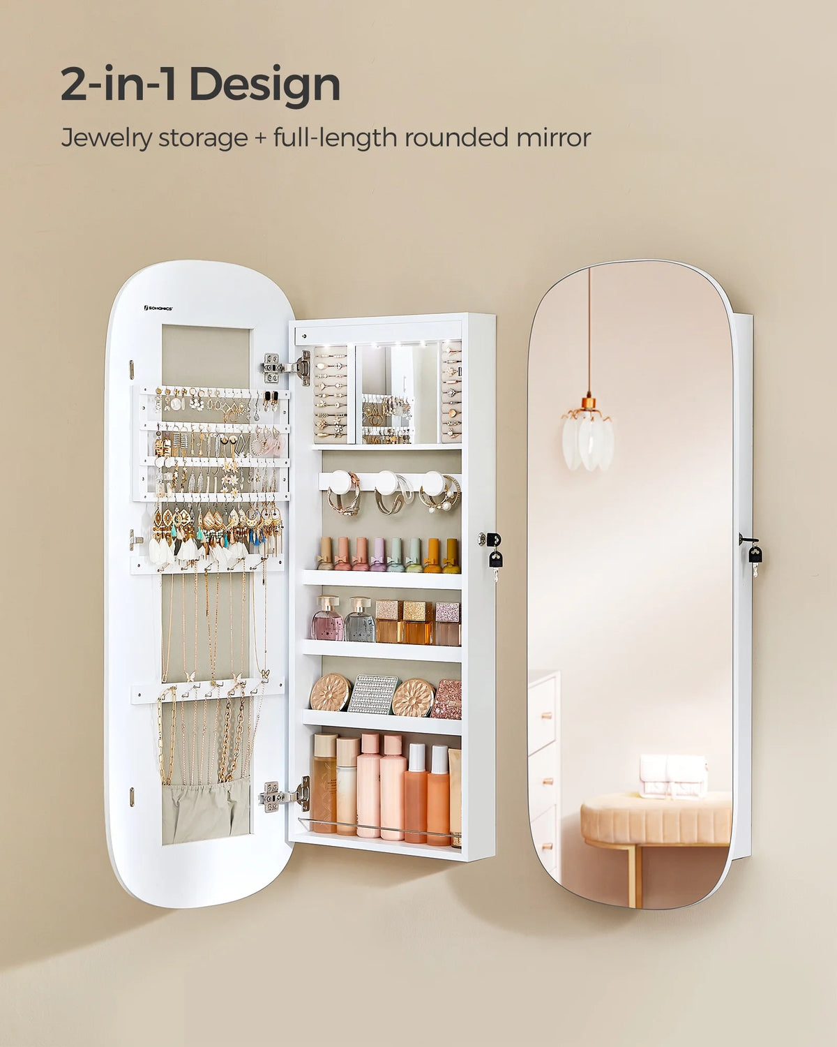 White Lockable Wall Mounted Jewelry Cabinet with Mirror Y47050