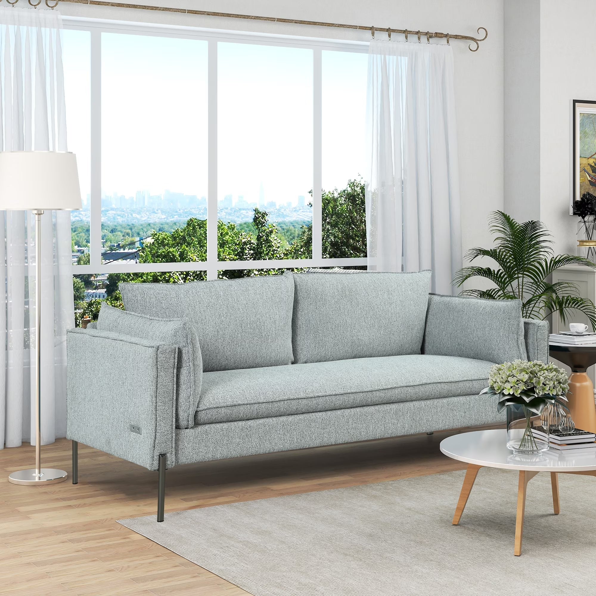 3 Seat Linen Fabric Upholstered Sofa with 2 USB Ports Gray D843719