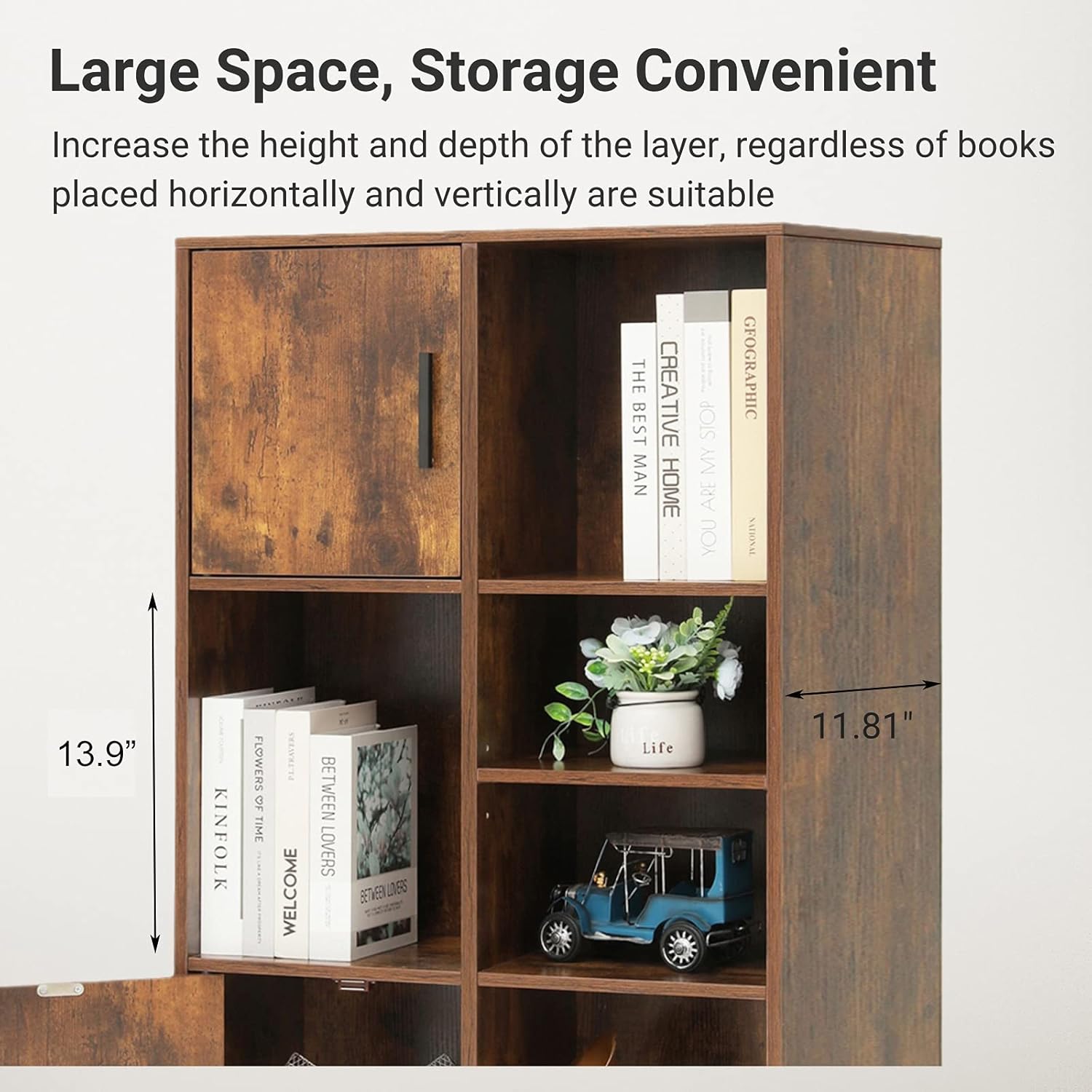 Large Storage Cabinet with 2 Doors, 5 Open Shelves, Adjustable Shelf, Rustic Brown K544