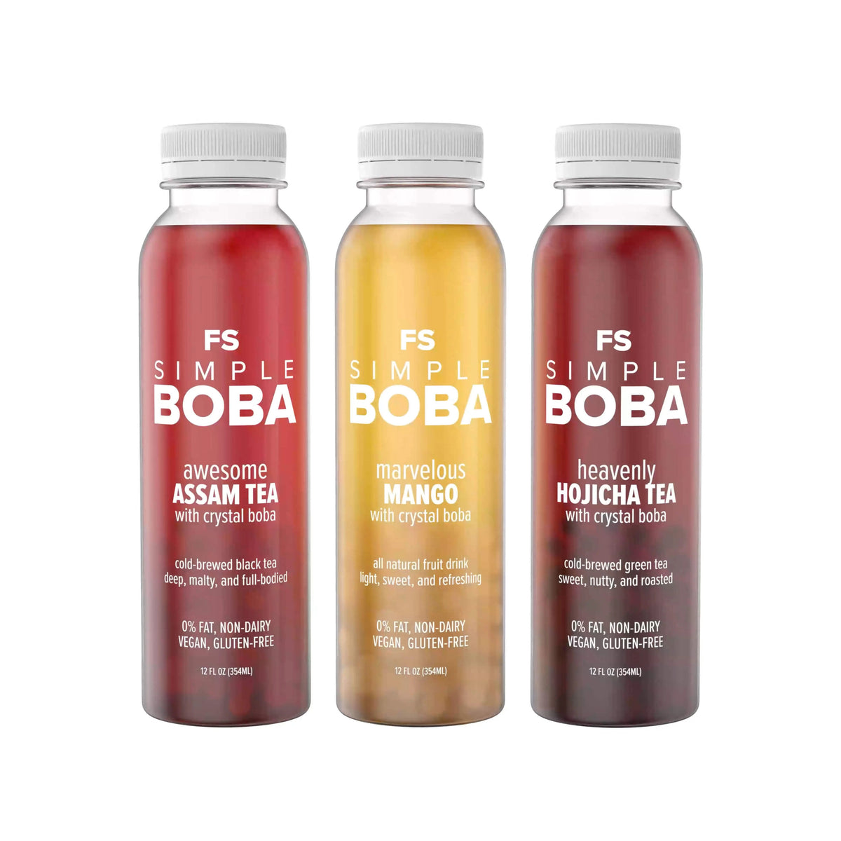 Assam Black, Hojicha Green, Mango Juices with Crystal Boba, 6-Pack of 12oz Bottles J336542