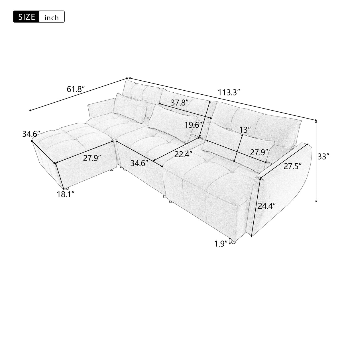 Grey Chenille Sectional Sofa with Convertible Ottoman W32256