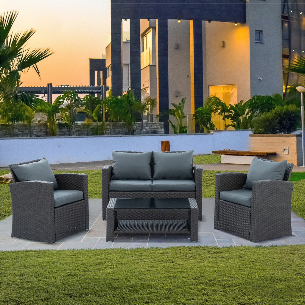 4-Piece PE Wicker Rattan Patio Sofa Set with Anti-Slip Cushions and Tempered Glass Coffee Table, Dark Gray W72290