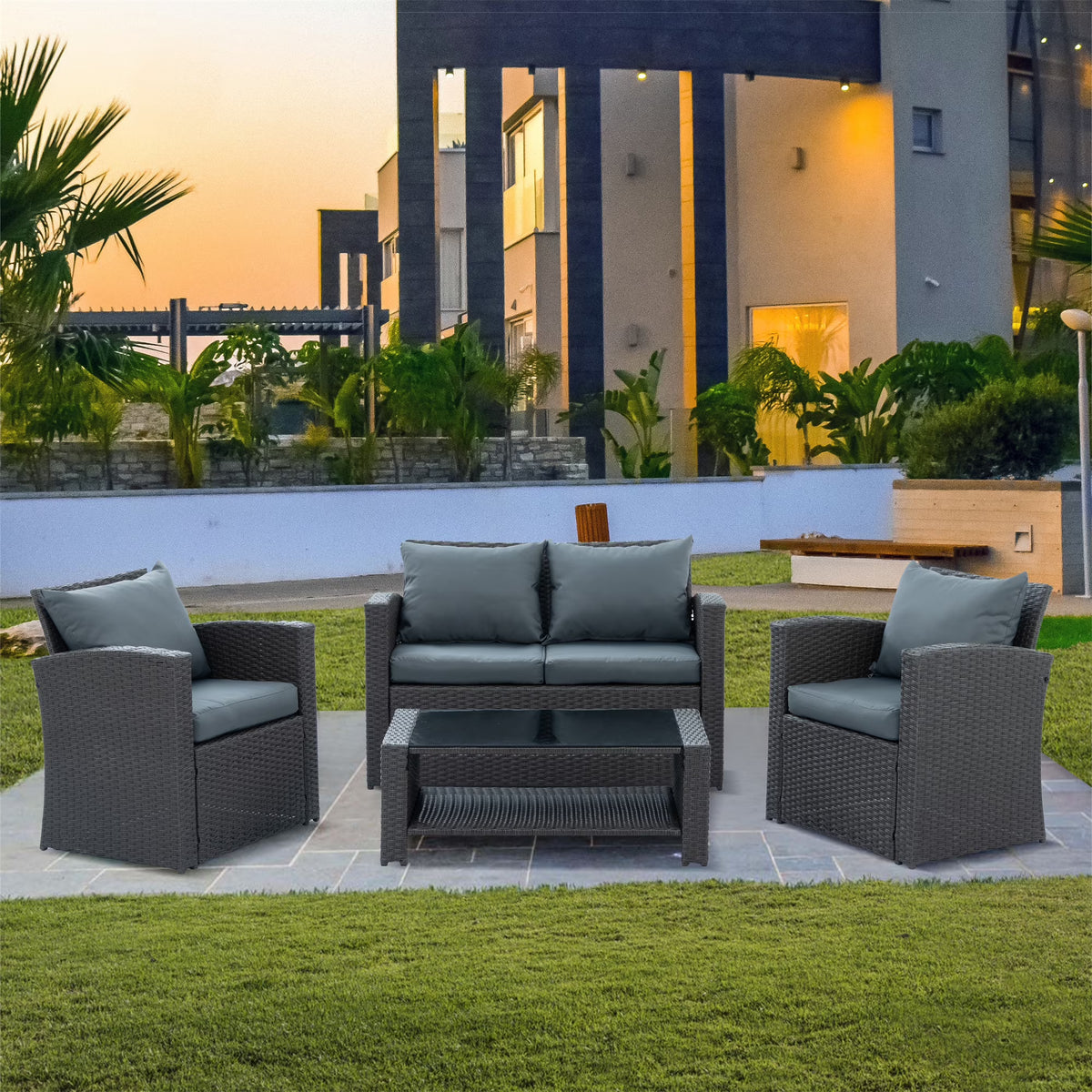 4-Piece PE Wicker Rattan Patio Sofa Set with Anti-Slip Cushions and Tempered Glass Coffee Table, Dark Gray W72290