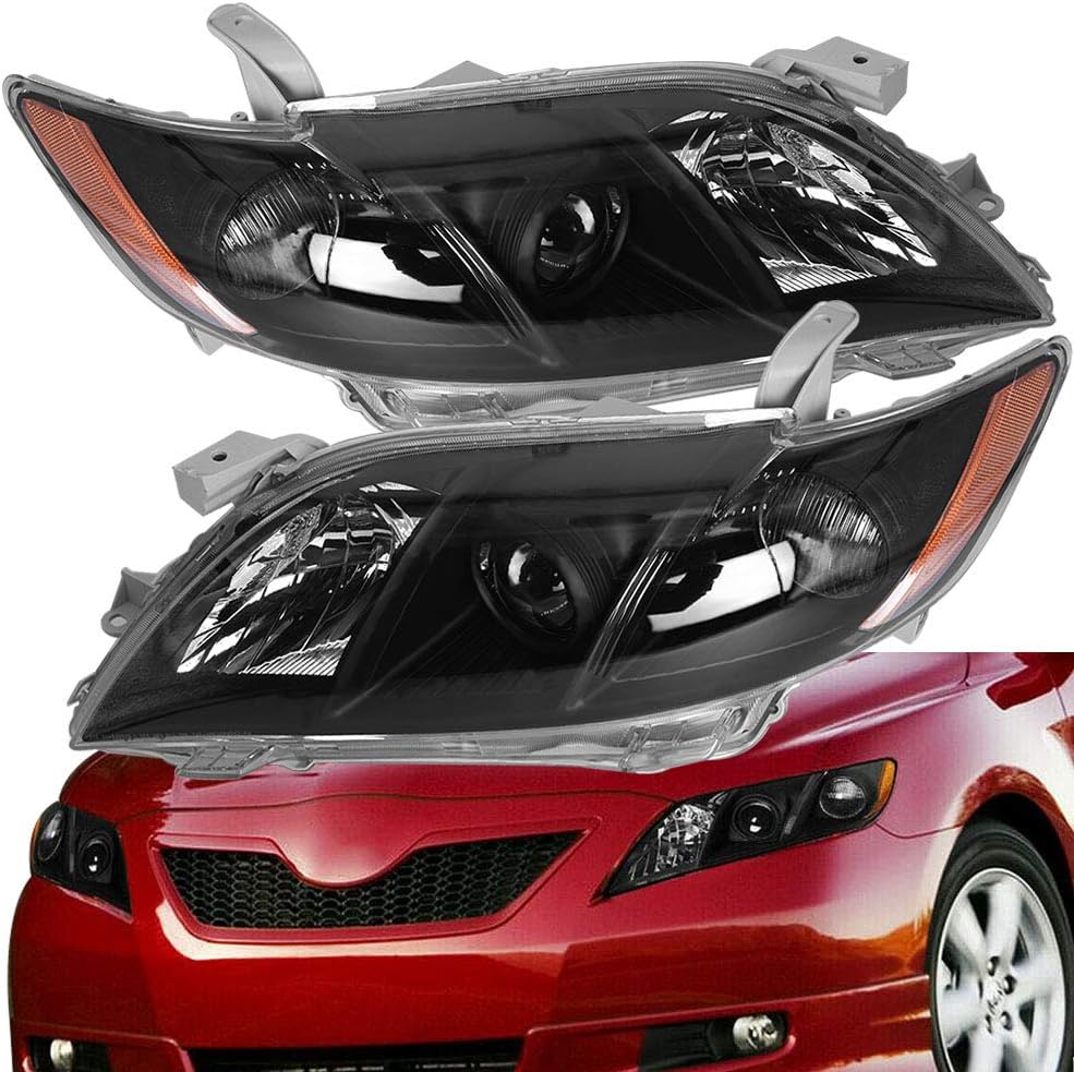 Black Polycarbonate Projector Headlamps Pair Set for 2007-2009 Toyota Camry A370834