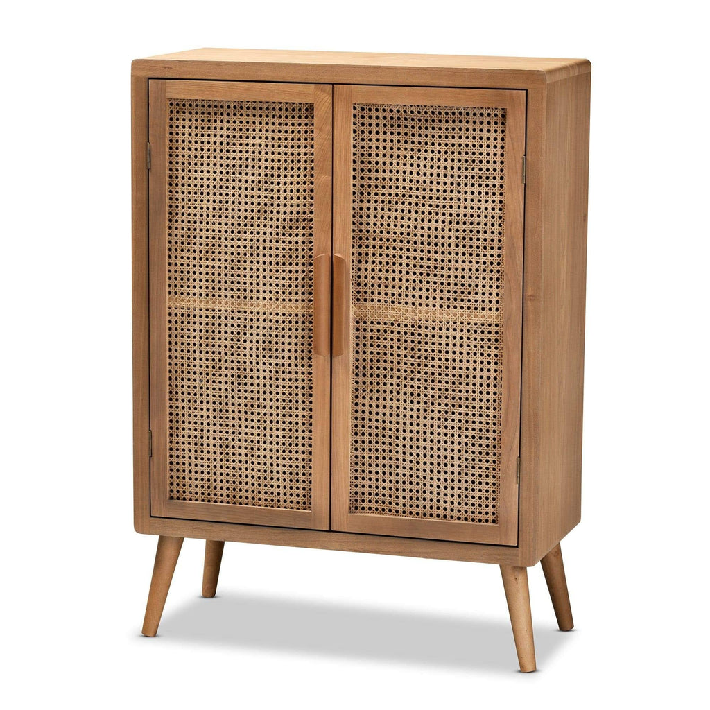 Oak Wood and Rattan 2-Door Accent Storage Cabinet Z27104