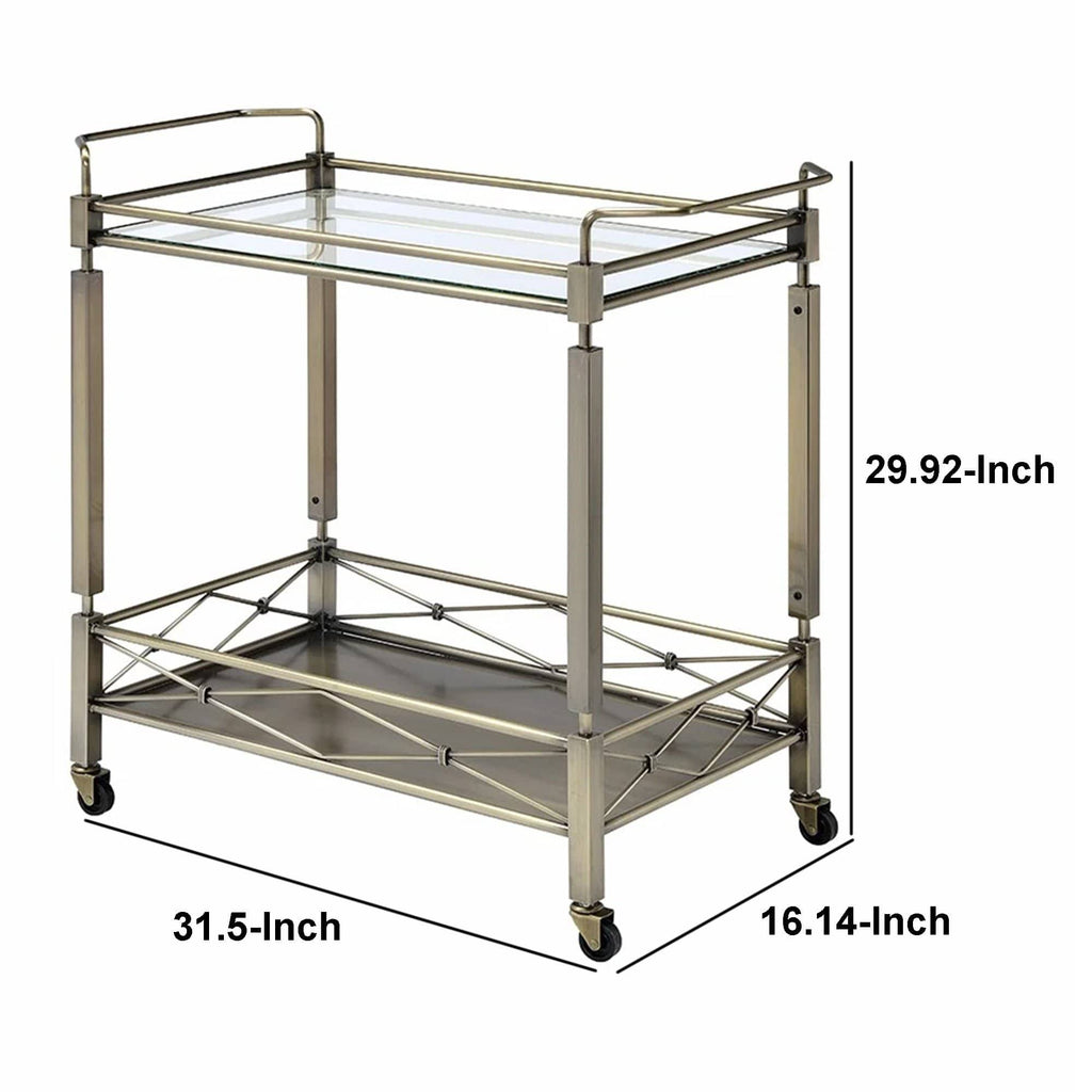 Antique Gold Two Tiered Metal Serving Cart with Glass Shelves X8251