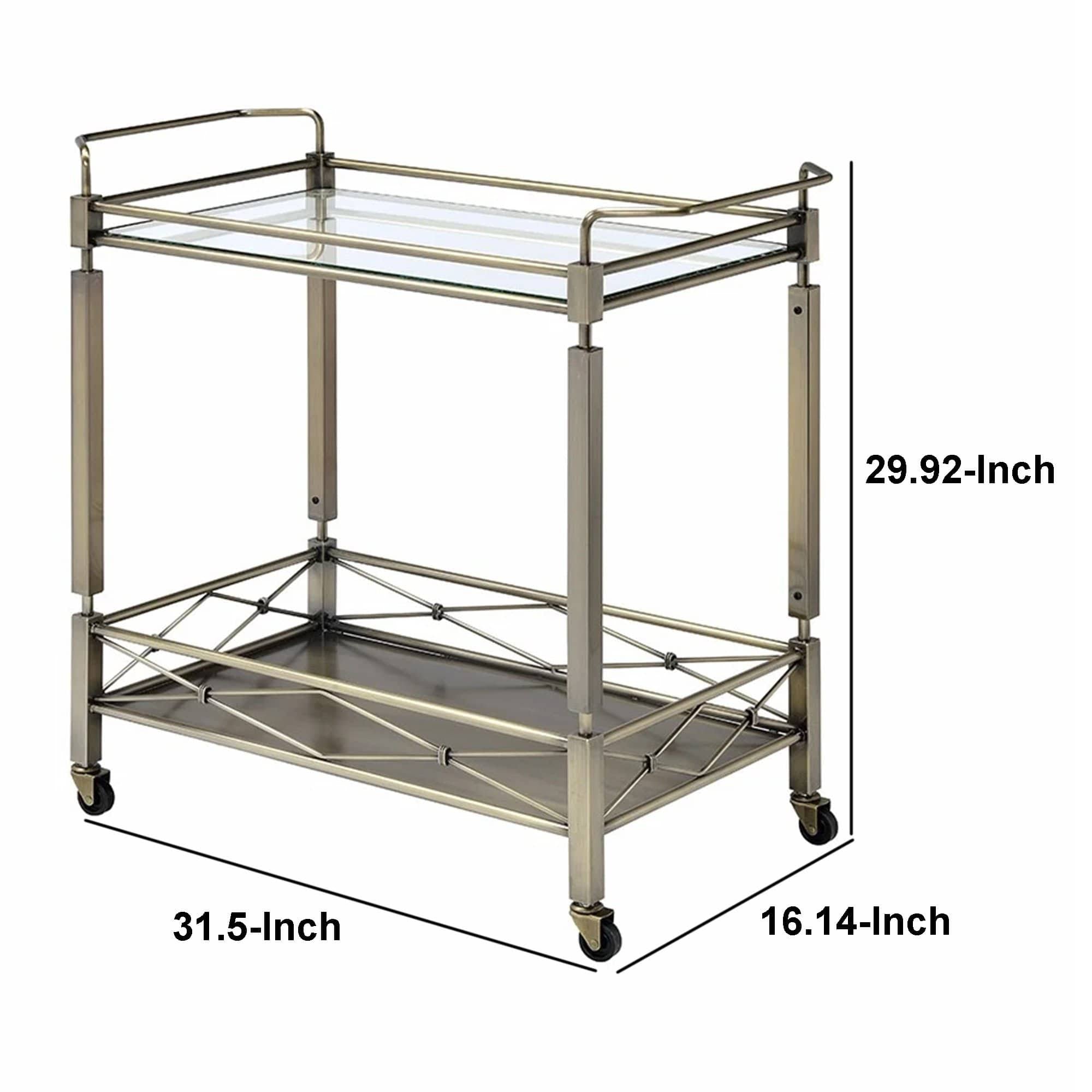 Antique Gold Two Tiered Metal Serving Cart with Glass Shelves X8251