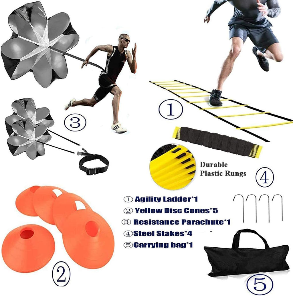 Speed Agility Training Kit with Agility Ladder, 5 Cones, Resistance Parachute, 4 Metal Stakes & Carrying Bag E38022