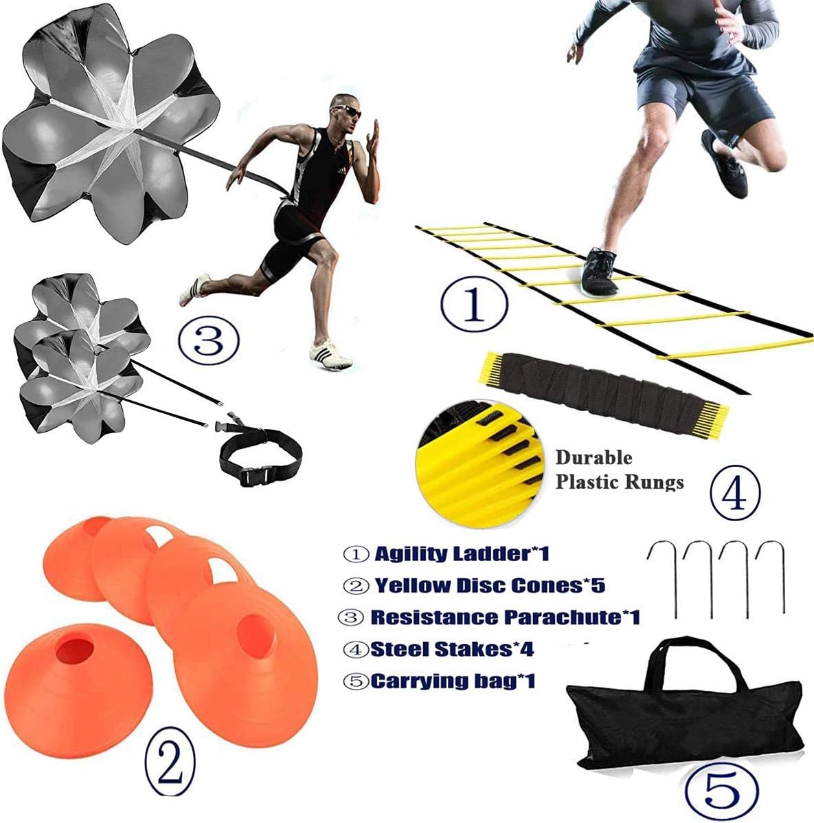 Speed Agility Training Kit with Agility Ladder, 5 Cones, Resistance Parachute, 4 Metal Stakes & Carrying Bag E38022