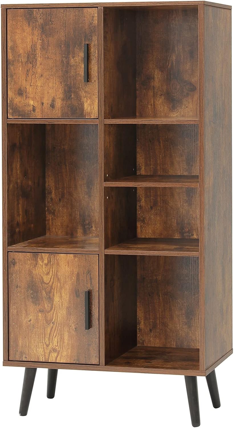 Large Storage Cabinet with 2 Doors, 5 Open Shelves, Adjustable Shelf, Rustic Brown K544