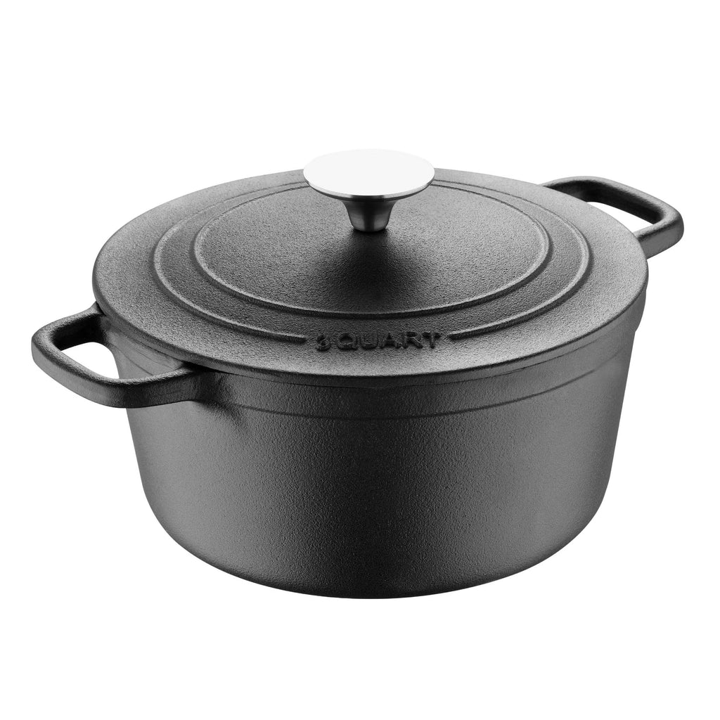3 Qt Pre Seasoned Cast Iron Round Dutch Oven with Self Basting Lid and Stainless Steel Handle E642470