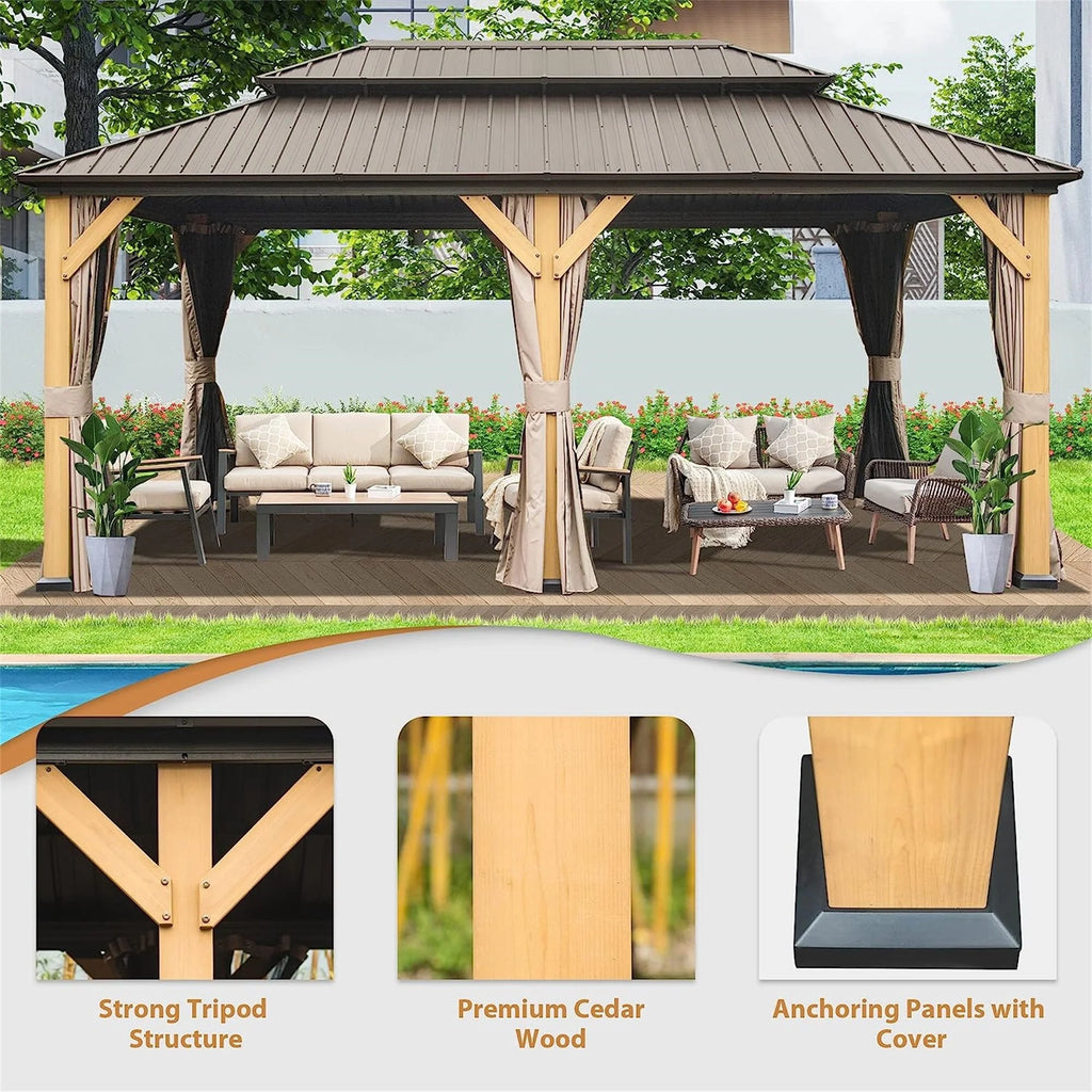 12'x20' Outdoor Gazebo Double Roof Galvanized Steel Canopy Cedar Wood Frame with Netting & Curtains H15713