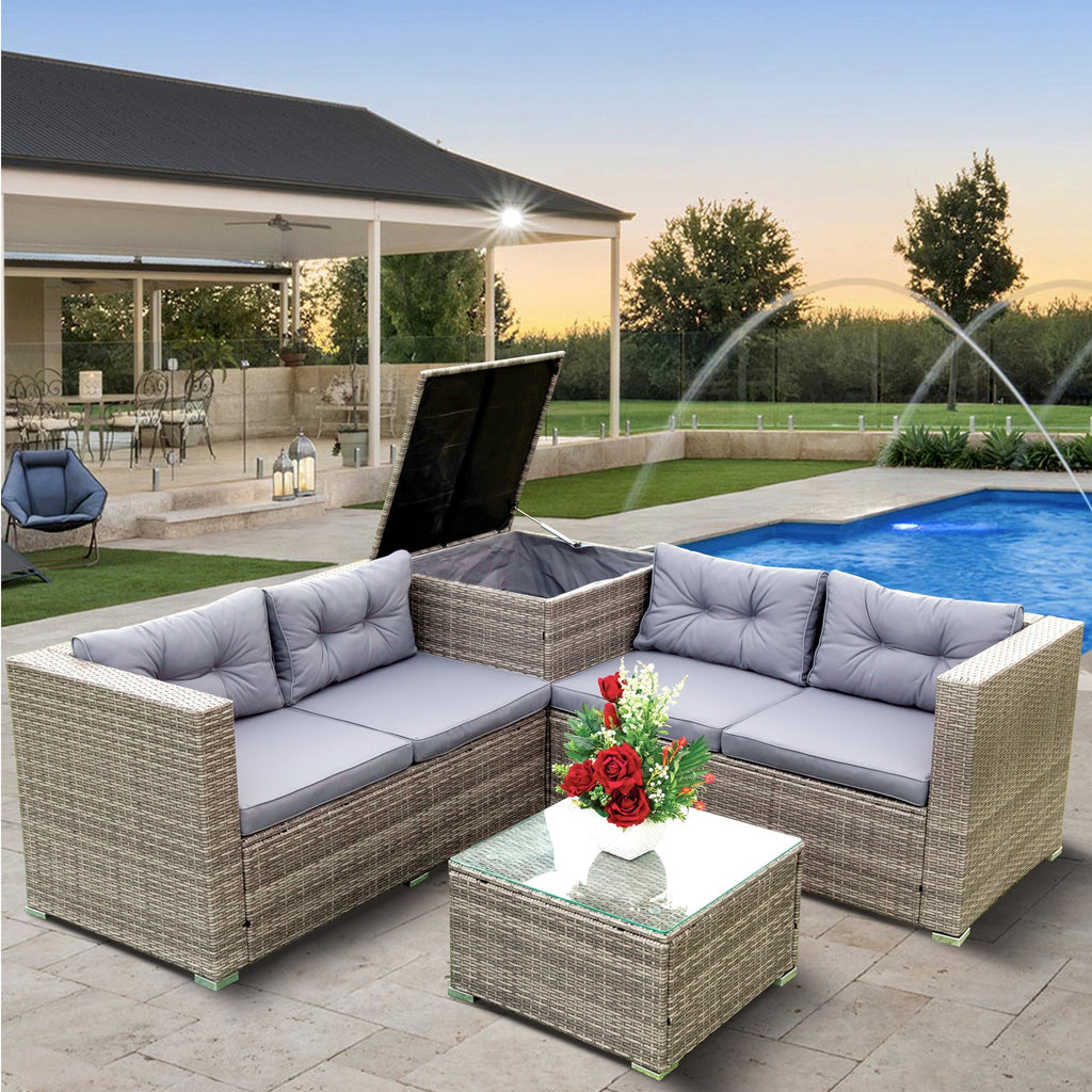 4 Pcs Patio Rattan Wicker Sectional Sofa Set with Glass Coffee Table and Storage Box A32211