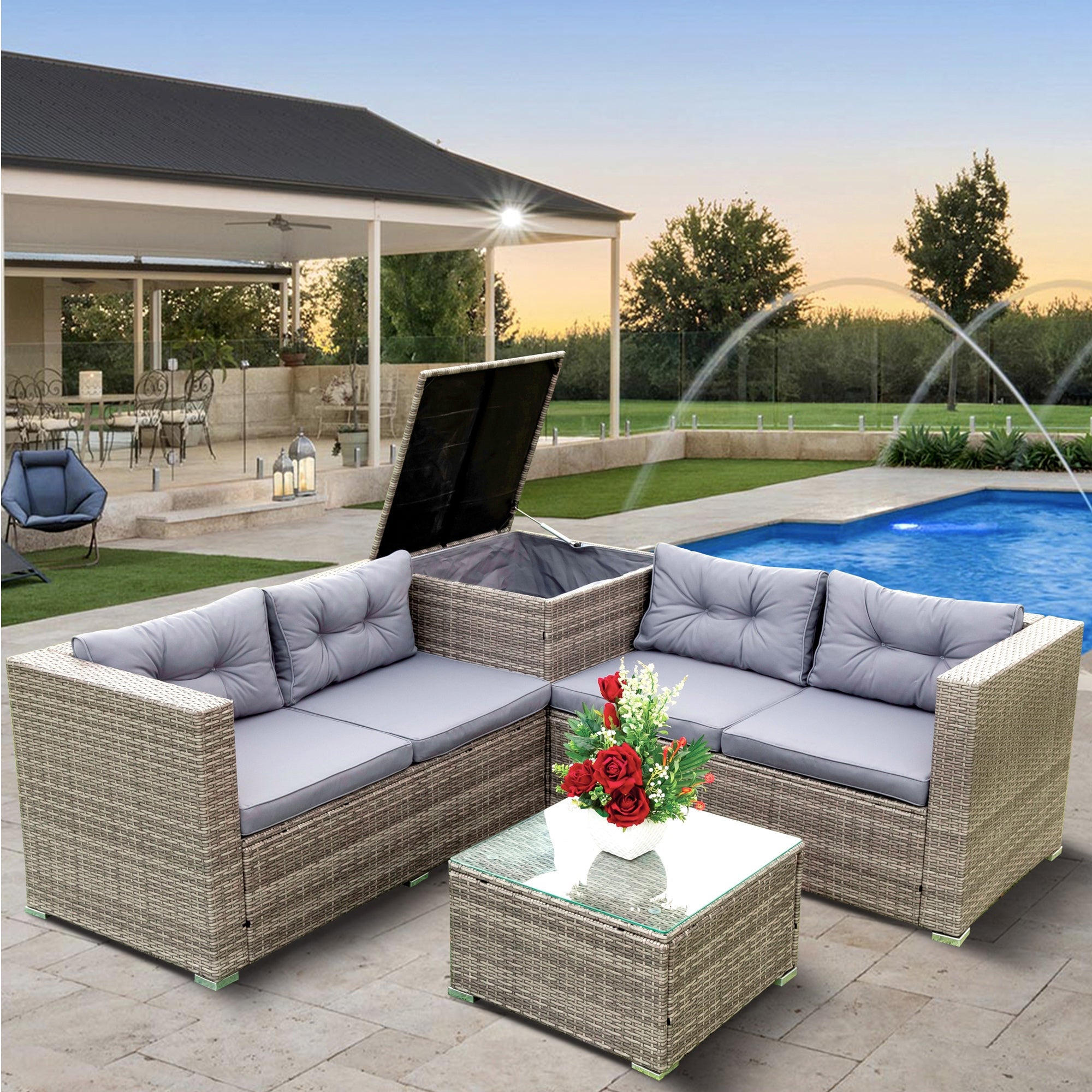 4 Pcs Patio Rattan Wicker Sectional Sofa Set with Glass Coffee Table and Storage Box A32211