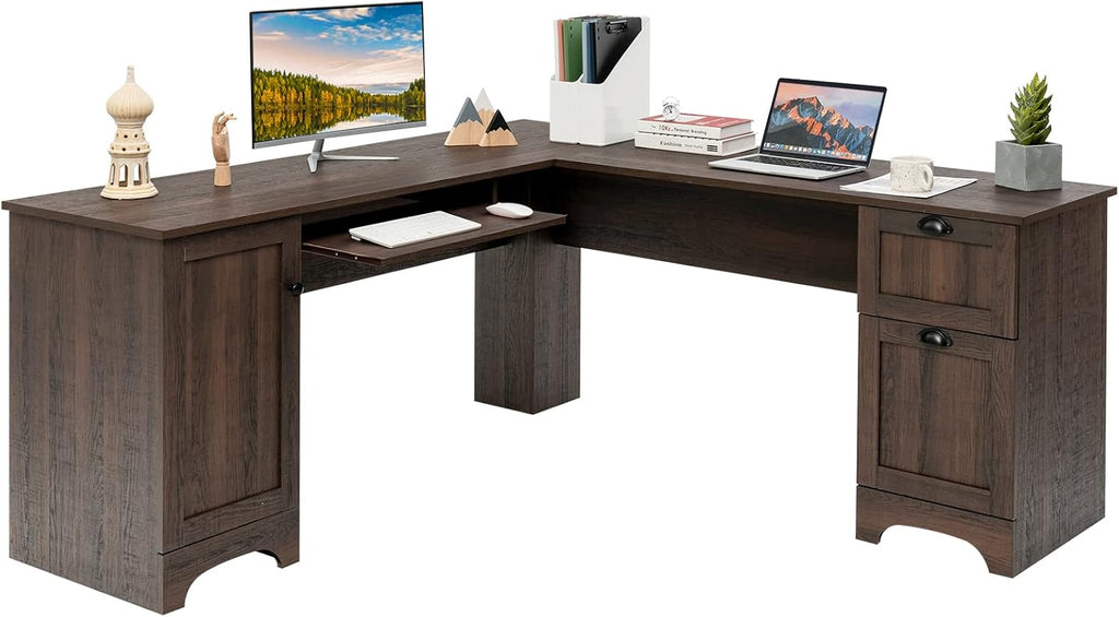 L Shaped Corner Computer Desk with Storage Drawers & Cabinet A2887