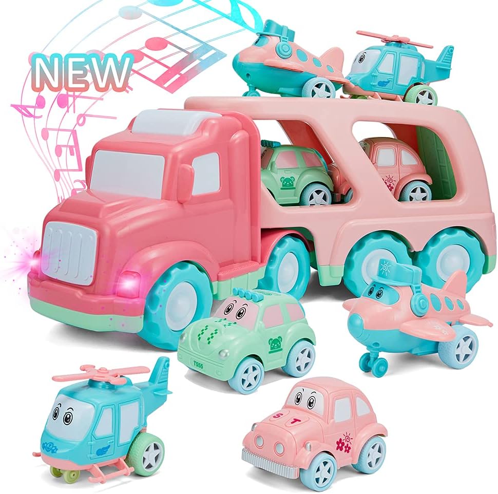 Pink 5 in 1 Toy Transport Truck Playset with Light and Sound M676109
