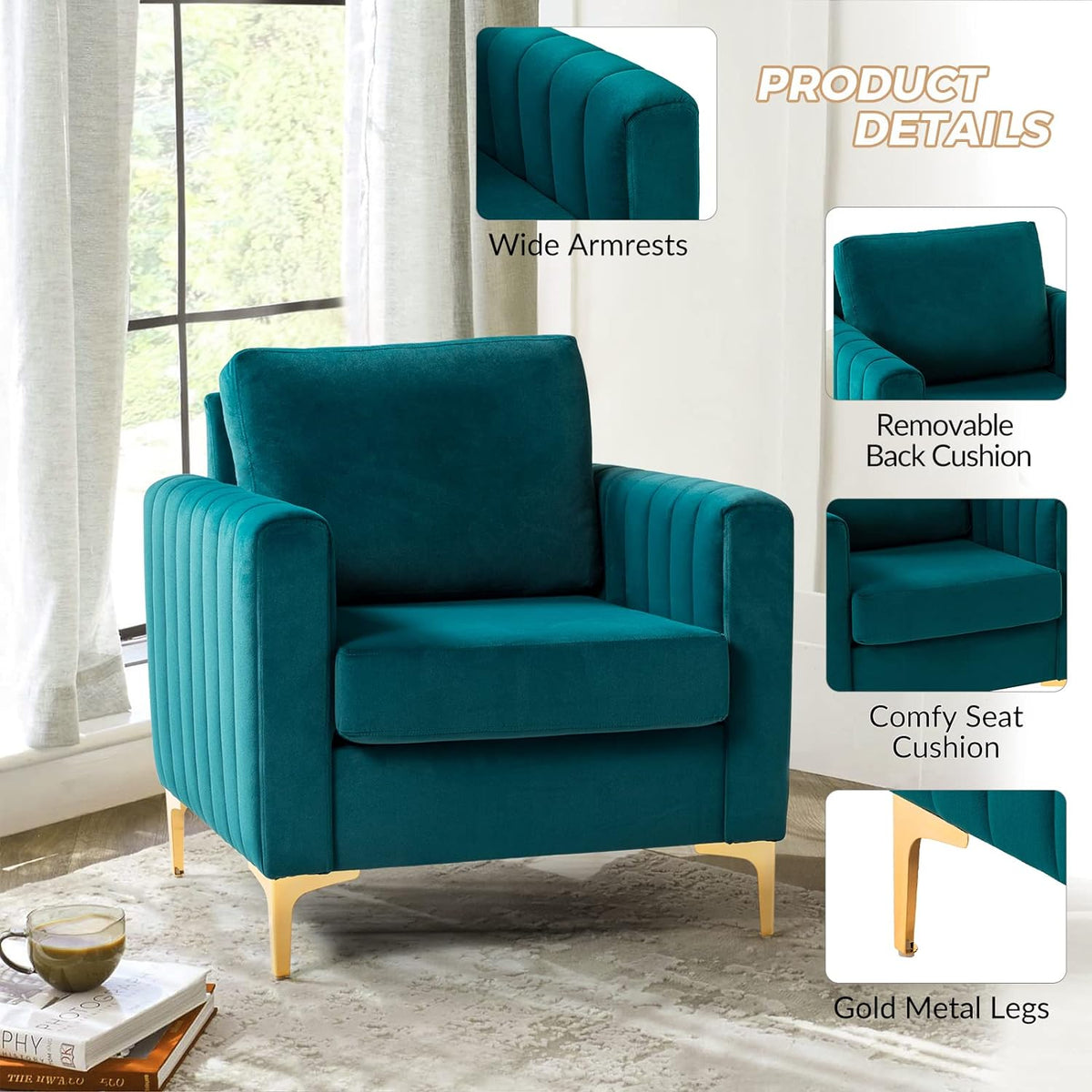Teal Velvet Accent Club Chair with Metal Legs Y75715