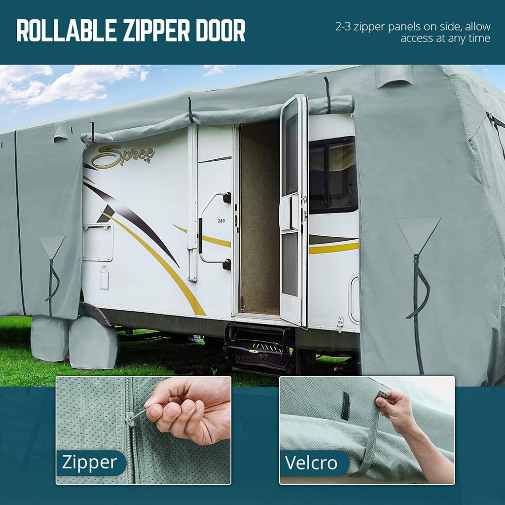 Extra-Thick 4 Layers Travel Trailer RV Cover with 2Pcs Extra Straps & 4 Tire Covers X651