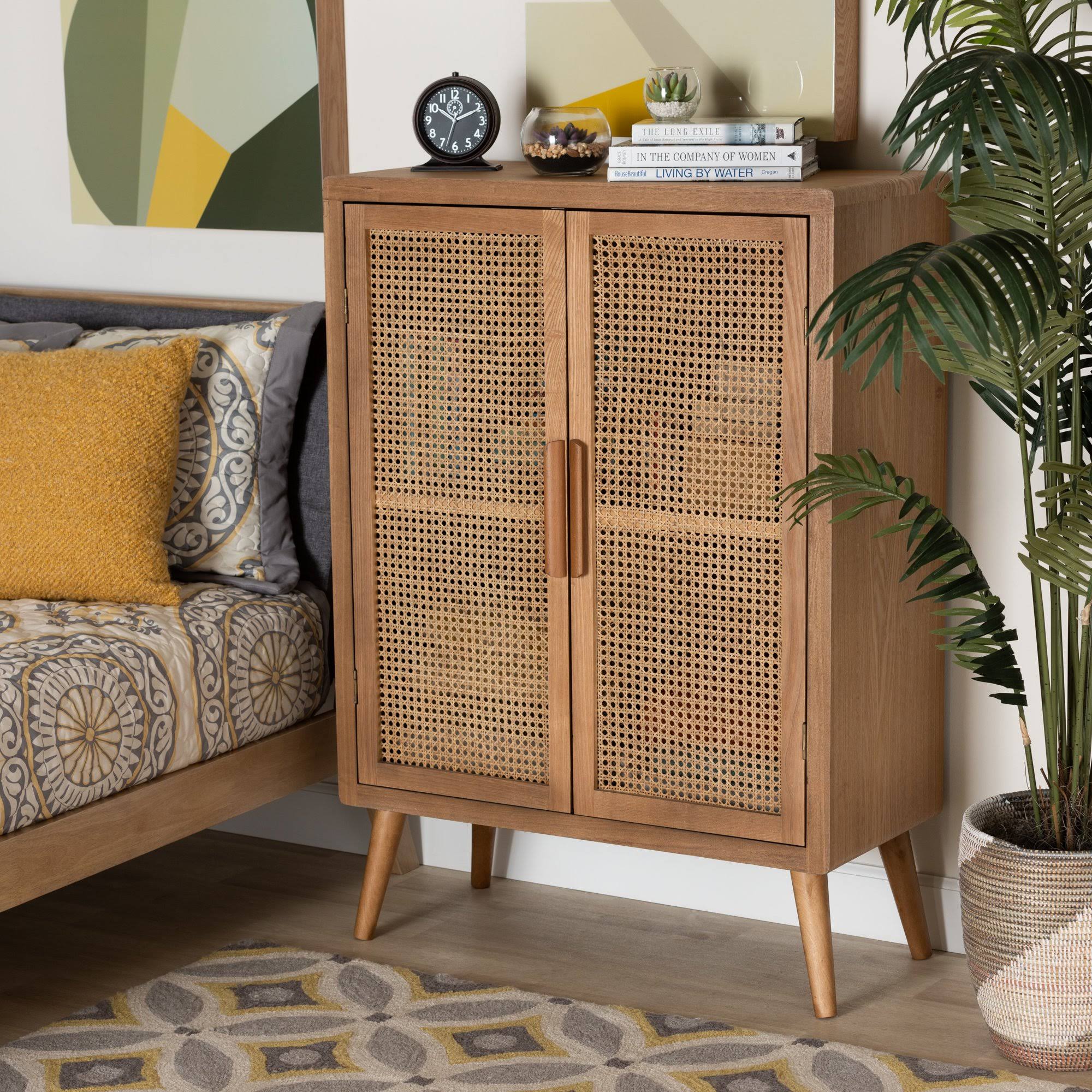Oak Wood and Rattan 2-Door Accent Storage Cabinet Z27104