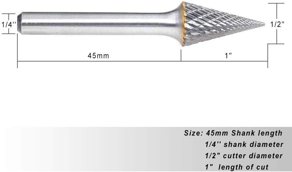 Tungsten Carbide Double Cut Rotary Burrs Pointed Cone Shape, 1/2'' Cutter Dia, 1'' Cutter Length, 1/4'' Shank, Pack of 2 G925