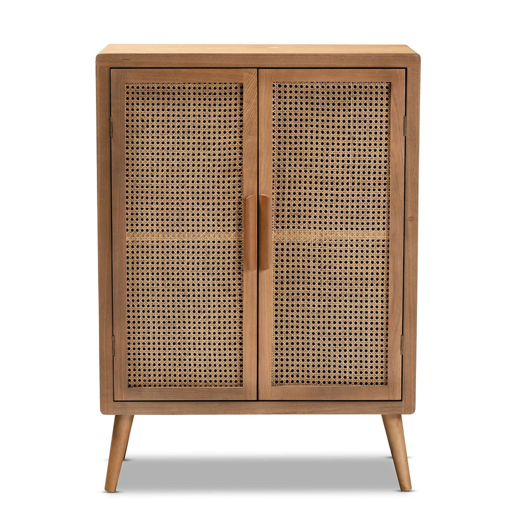 Oak Wood and Rattan 2-Door Accent Storage Cabinet Z27104