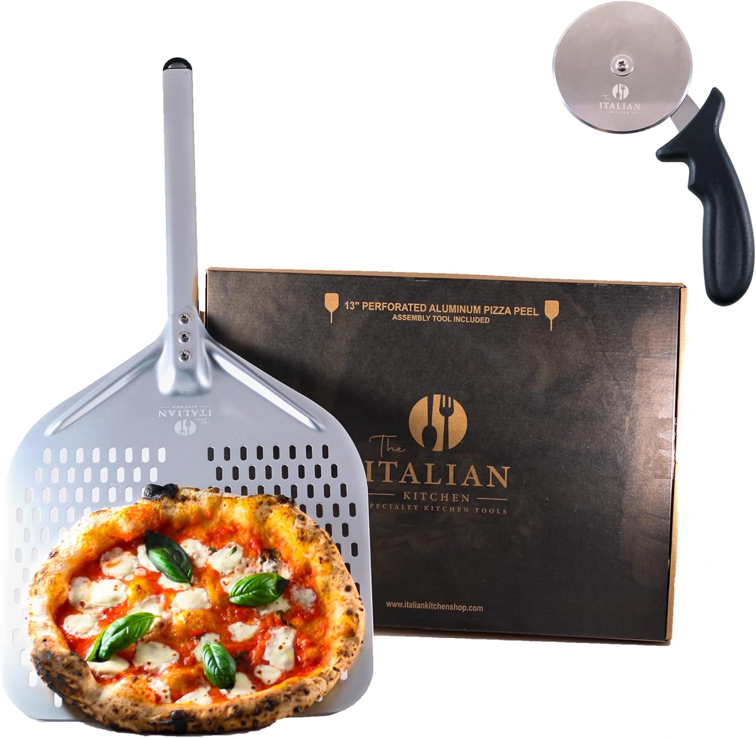 13" Perforated Pizza Peel & 4" Pizza Cutter Wheel Pack of 2 O14696