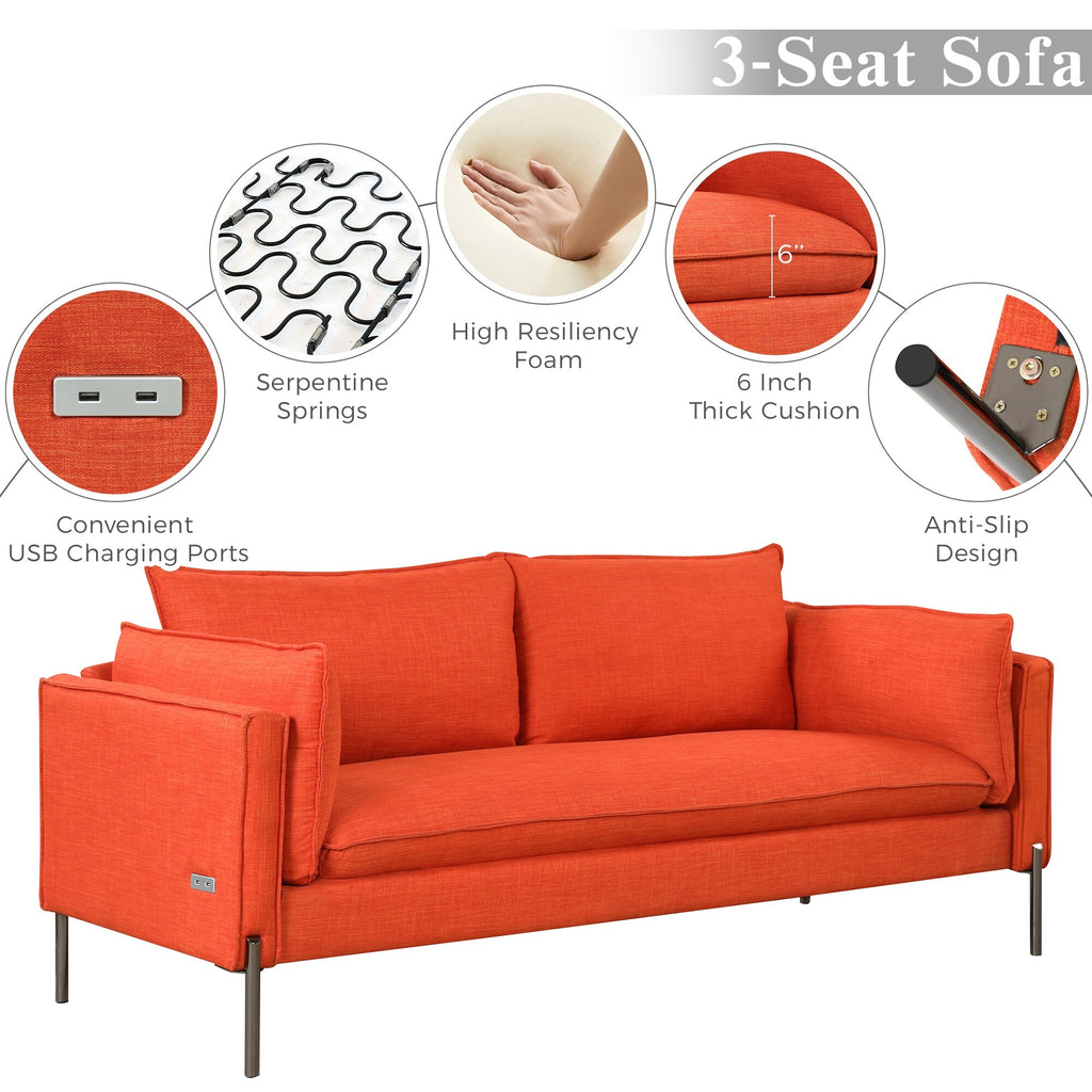 3 Seat Linen Fabric Upholstered Sofa with 2 USB Ports Gray D843719