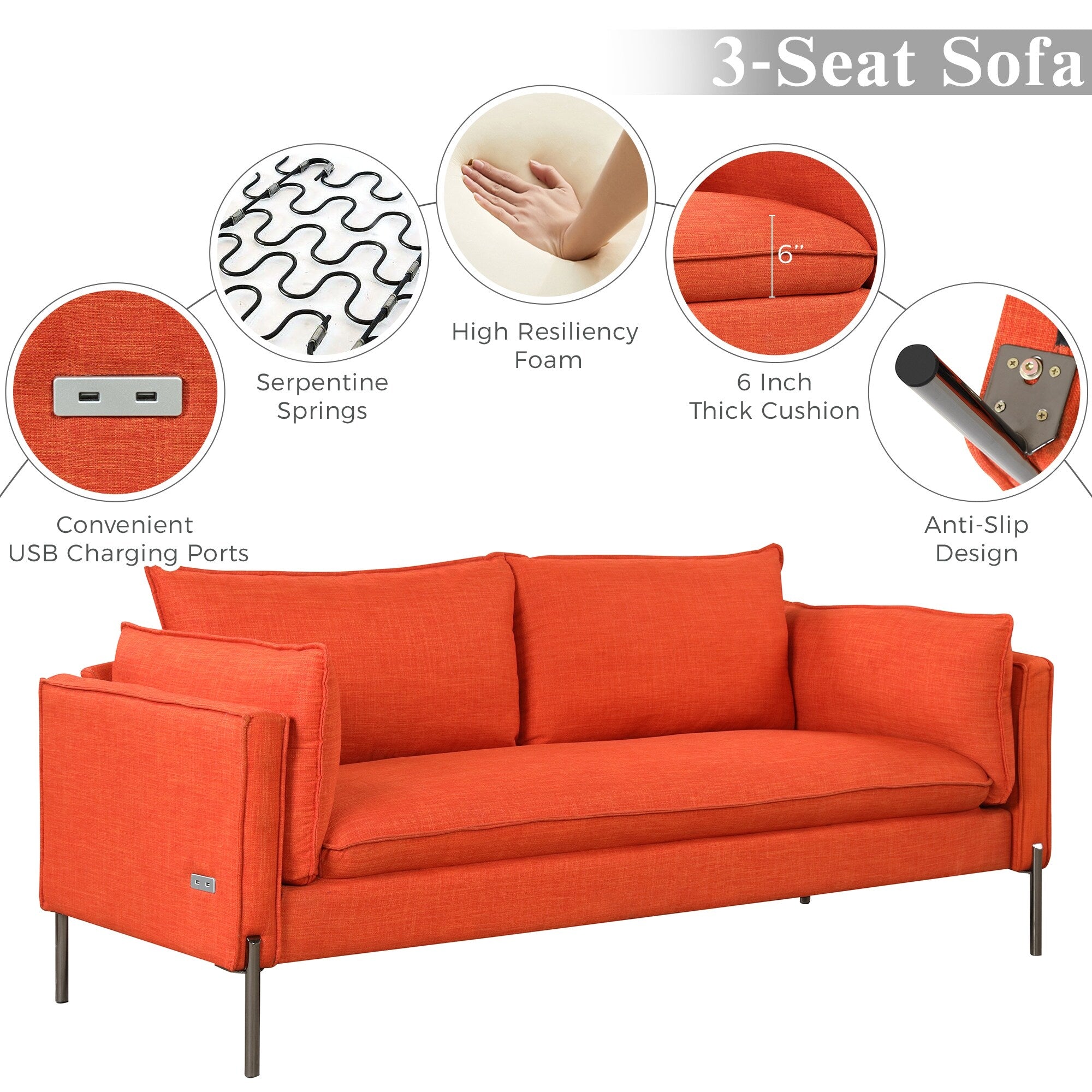 3 Seat Linen Fabric Upholstered Sofa with 2 USB Ports Gray D843719