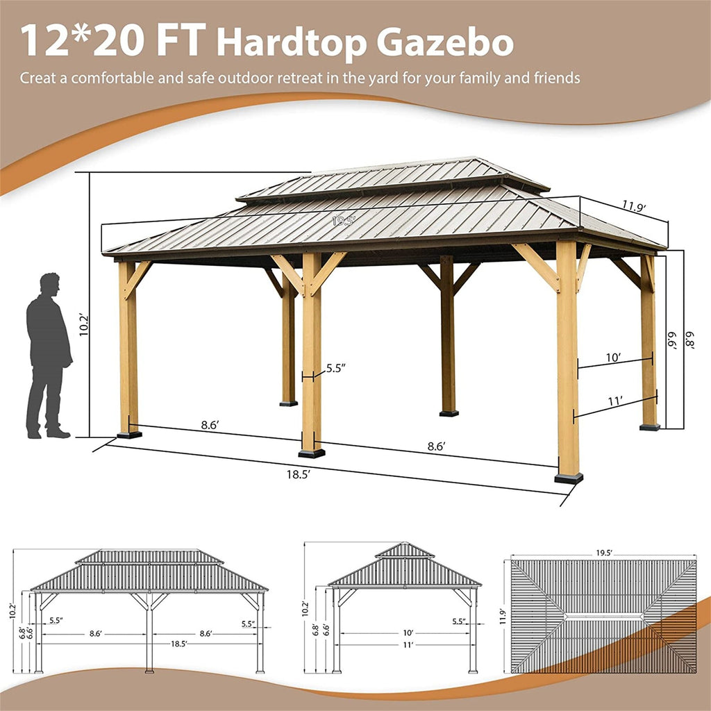 12'x20' Outdoor Gazebo Double Roof Galvanized Steel Canopy Cedar Wood Frame with Netting & Curtains H15713
