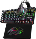 Gaming Mechanical Keyboard and Mouse Headset Mousepad Combo, 4 in 1, RGB Backlit Green axis, Wired, 8000 DPI, USB 7.1 Surround Sound Headphone with Mic, Black, Pack of 2 B736126