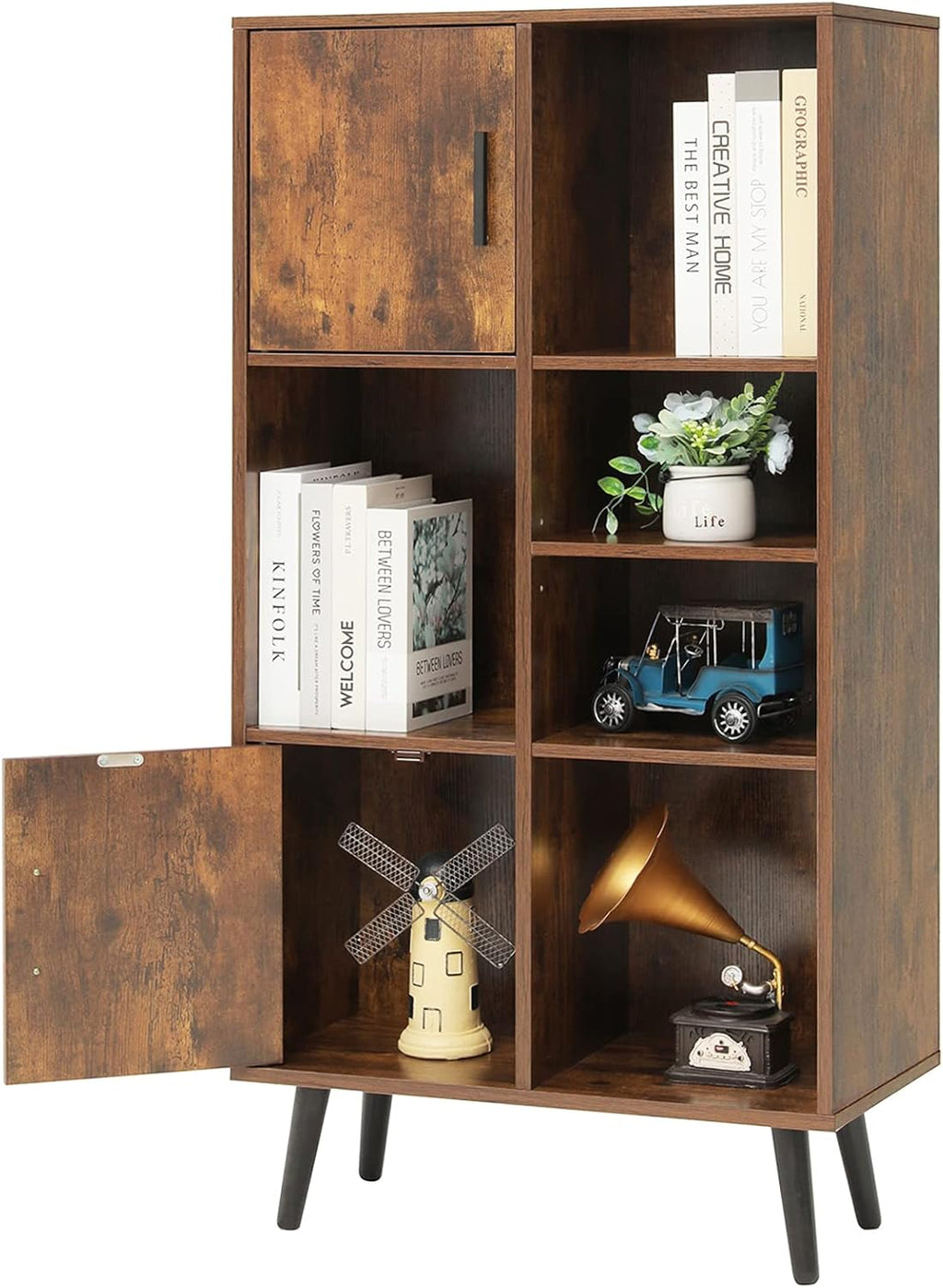 Large Storage Cabinet with 2 Doors, 5 Open Shelves, Adjustable Shelf, Rustic Brown K544