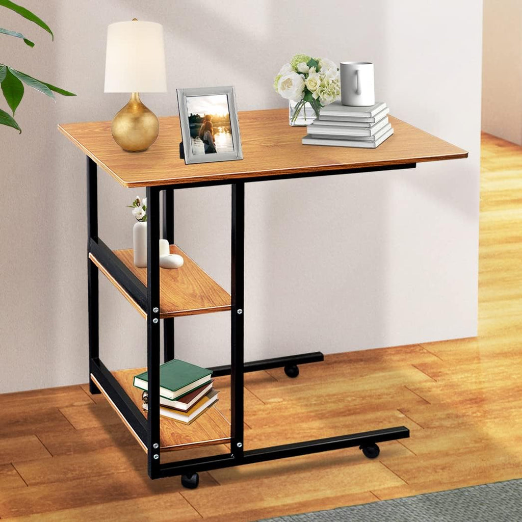 Movable Wooden Night Stand Desk with 4 Wheels Cart Tray O860