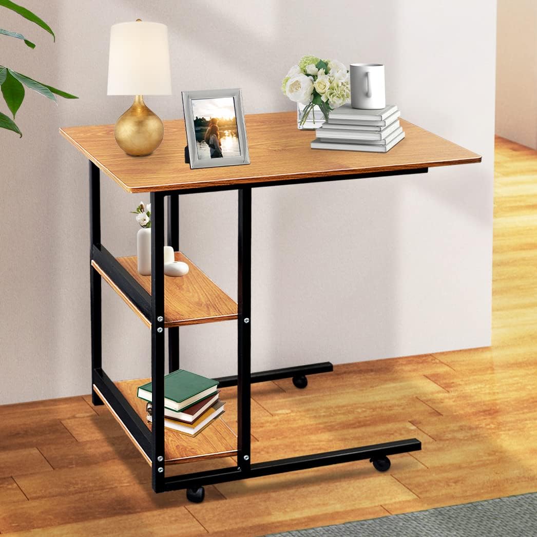 Movable Wooden Night Stand Desk with 4 Wheels Cart Tray O860