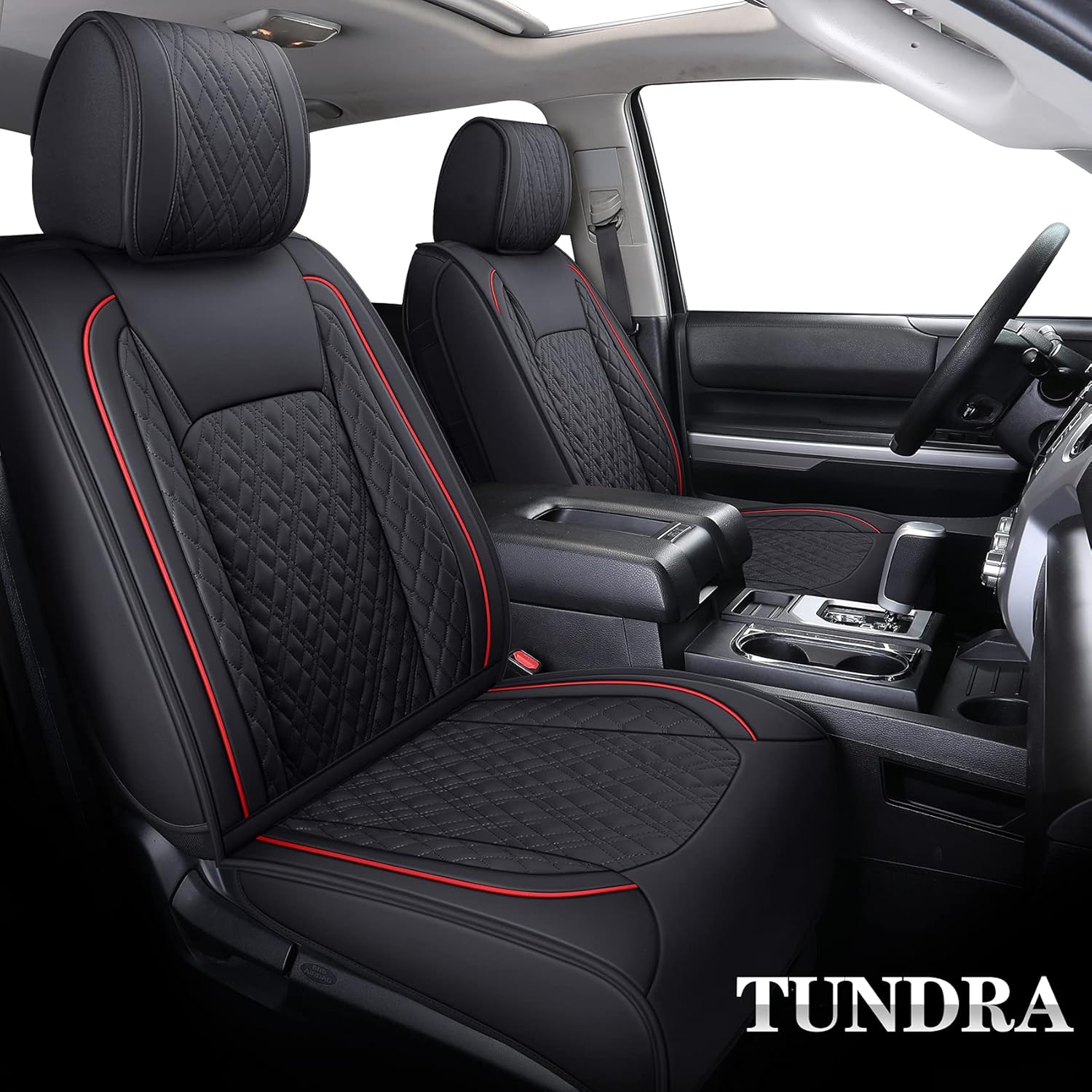 Black-Red Waterproof Leather Seat Covers Full Set for Pickup Truck O2914