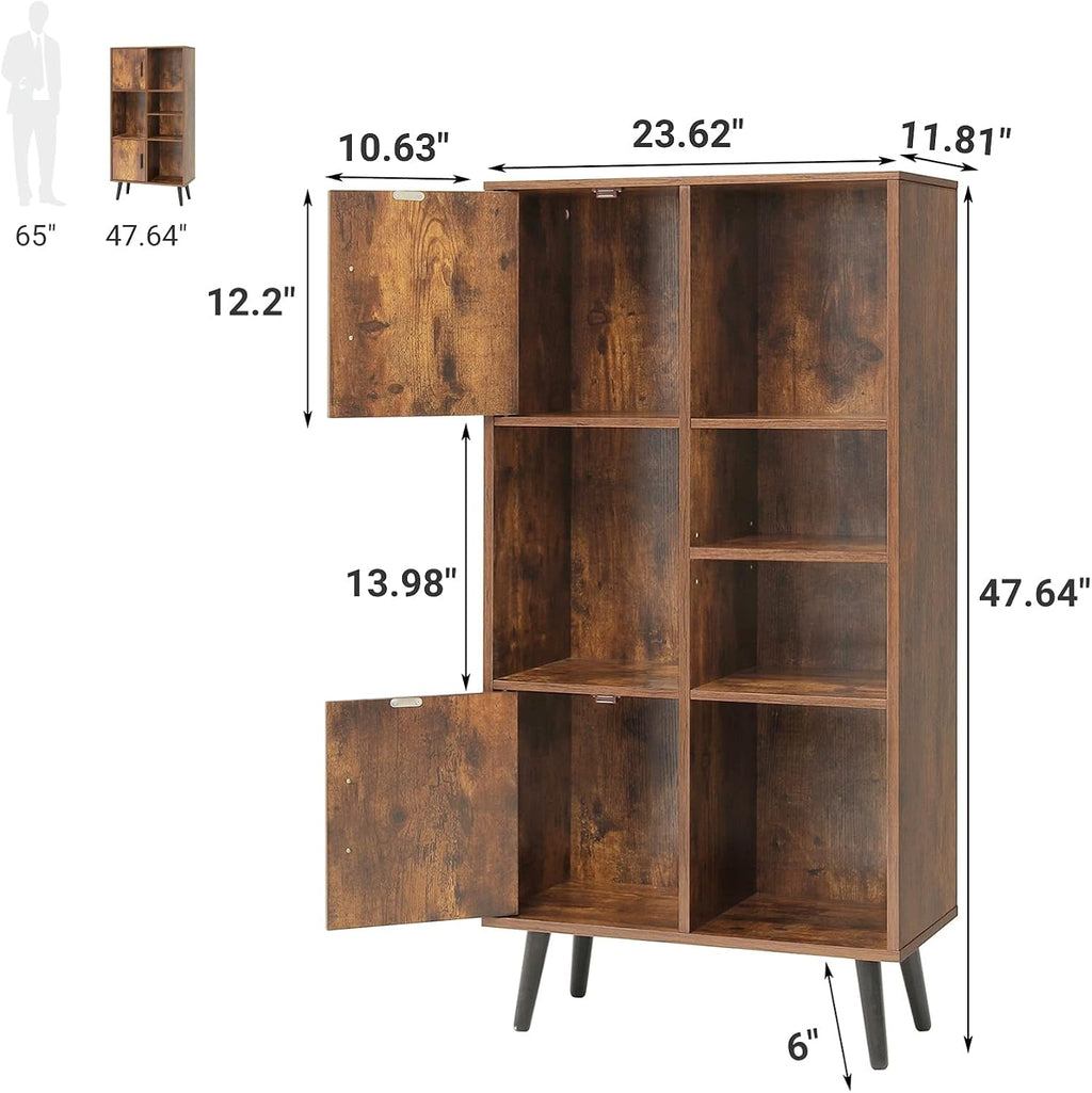 Large Storage Cabinet with 2 Doors, 5 Open Shelves, Adjustable Shelf, Rustic Brown K544