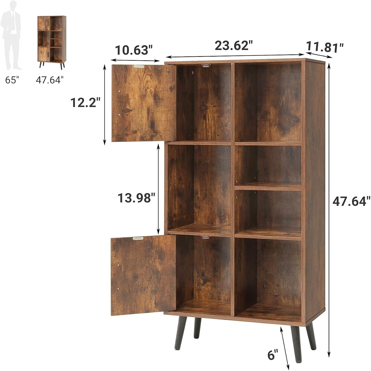 Large Storage Cabinet with 2 Doors, 5 Open Shelves, Adjustable Shelf, Rustic Brown K544