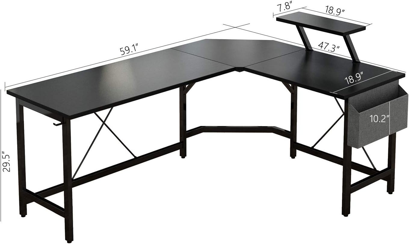 Black L Shaped Corner Desk with Monitor Stand and Storage Bag R550