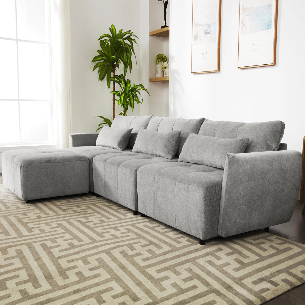 Grey Chenille Sectional Sofa with Convertible Ottoman W32256